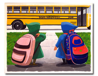 Backpacks For The Future: Kids looking at a school bus with oversized backpacks